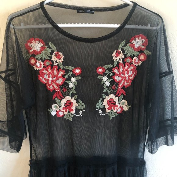 Sheer Long Zara Mesh Black Embroidered Floral Midi Dress, new - Picture 2 of 10